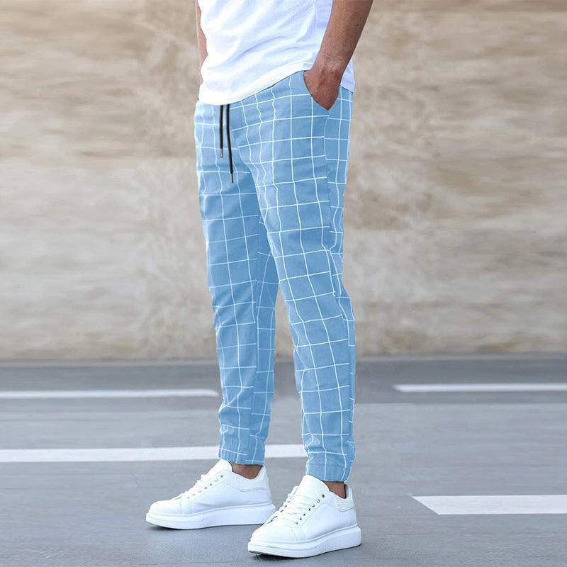 Férfi Kockás Joggingnadrág – Egyenes Szabás, Hétköznapi Streetwear, Tavaszi Szabadidő – égkék