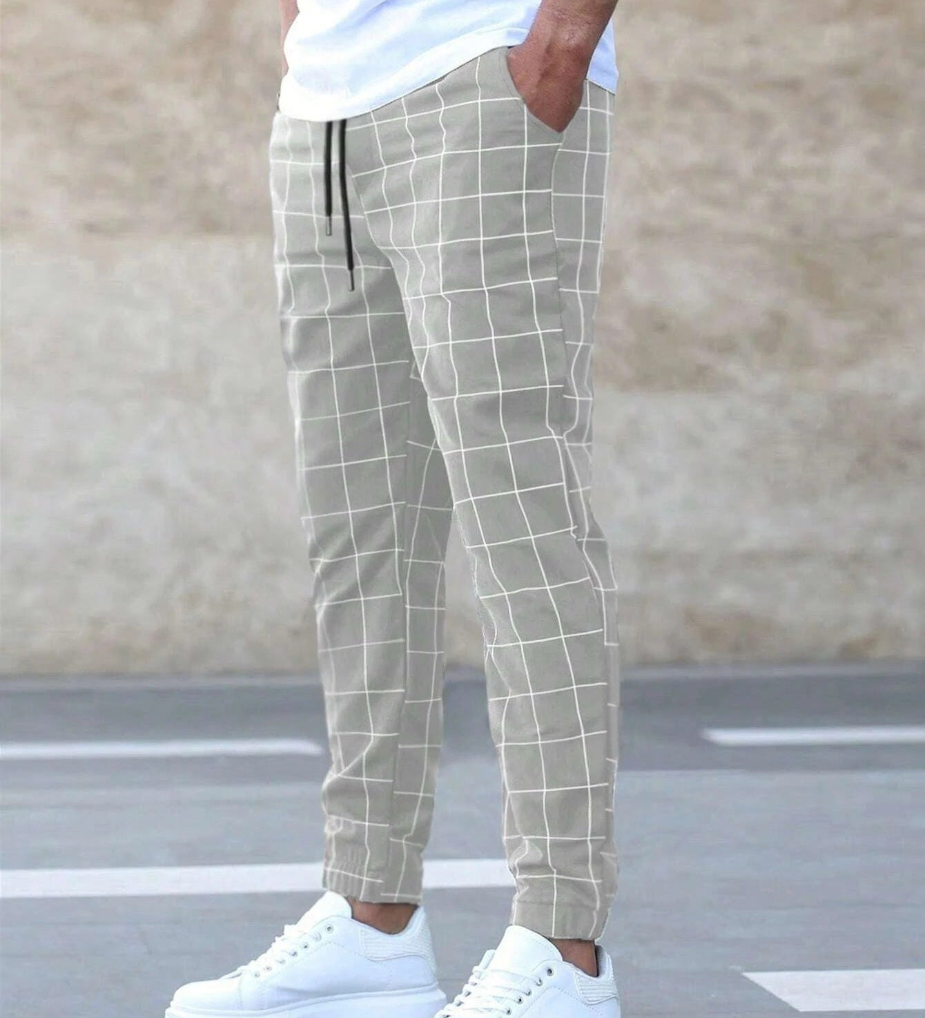Férfi Kockás Joggingnadrág – Egyenes Szabás, Hétköznapi Streetwear, Tavaszi Szabadidő – khaki