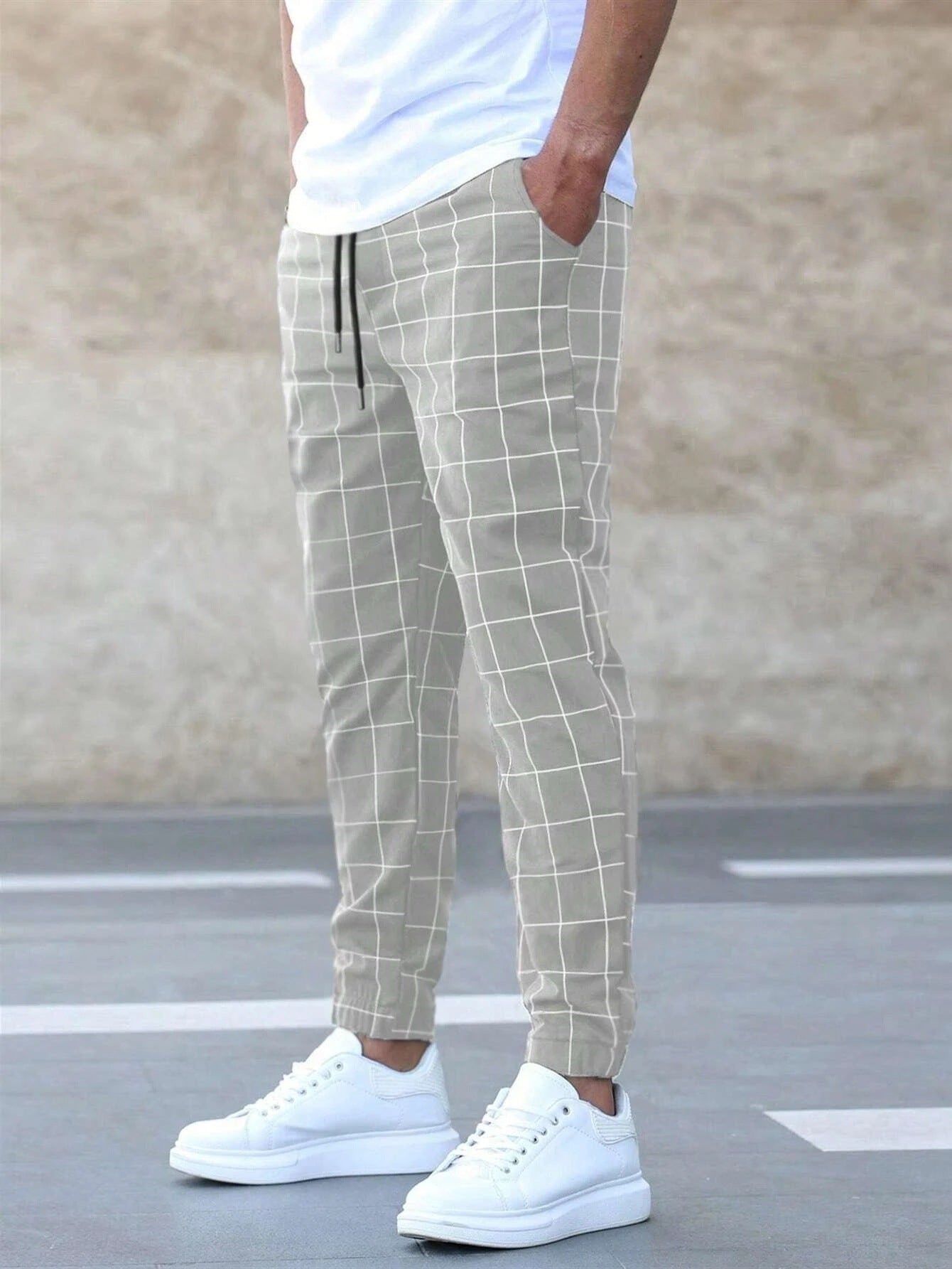 Férfi Kockás Joggingnadrág – Egyenes Szabás, Hétköznapi Streetwear, Tavaszi Szabadidő – khaki