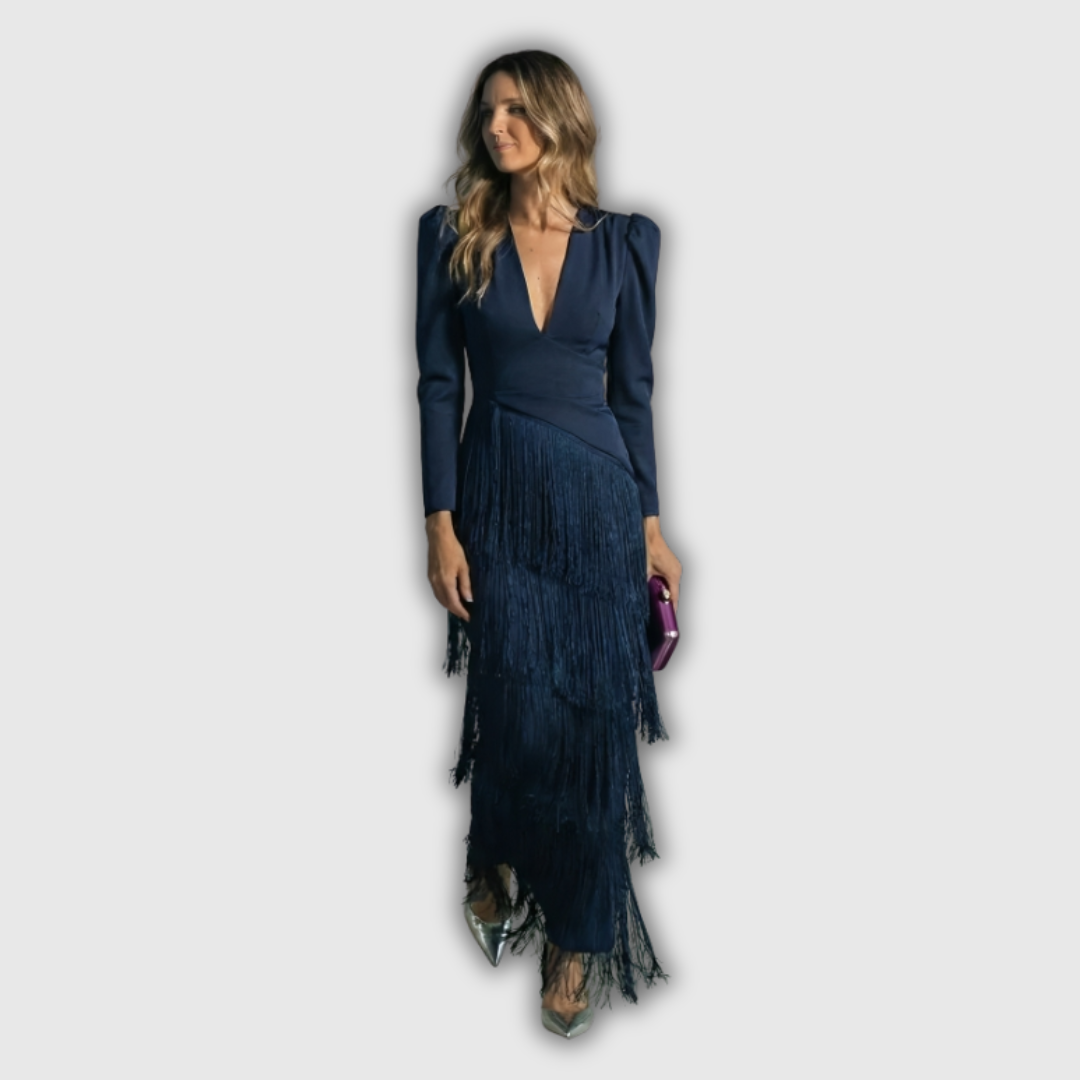 Clara | Elegáns, hosszú ujjú, bojtós maxi ruha