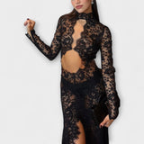 Azalea - Éjféli Elegancia Átlátszó Kivágott Hosszú Ujjú Stretch Maxi Ruha