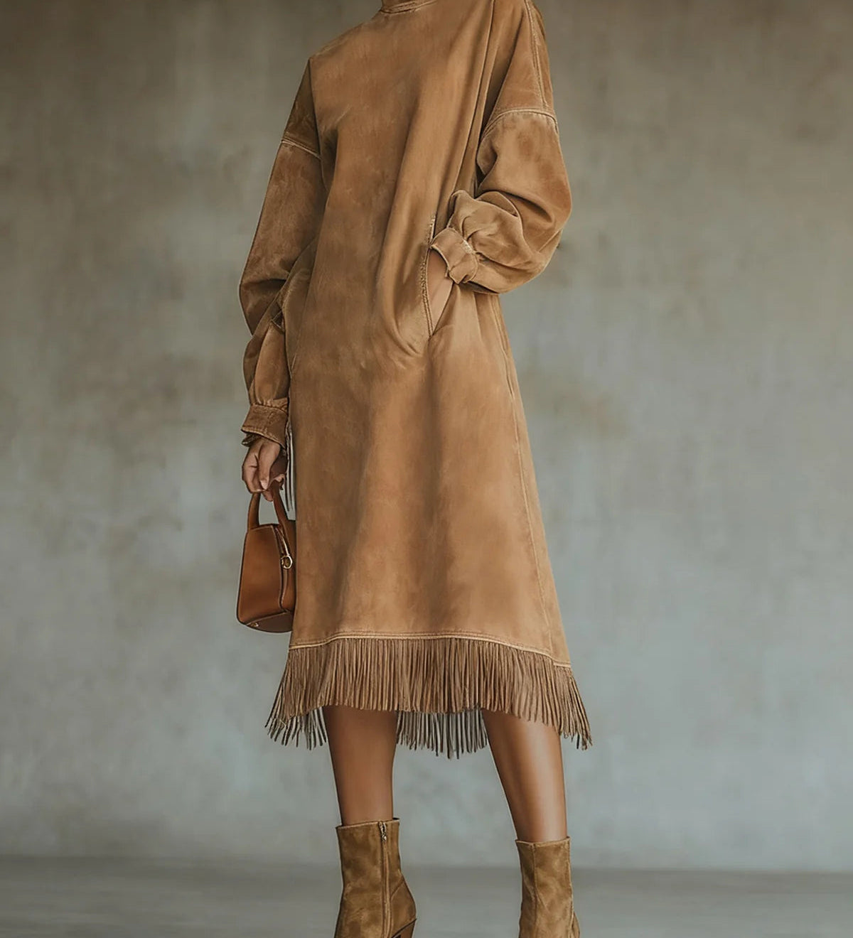 Aurelia Fringe™ | Vintage Suede Magasnyakú Midi Ruha