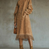 Aurelia Fringe™ | Vintage Suede Magasnyakú Midi Ruha