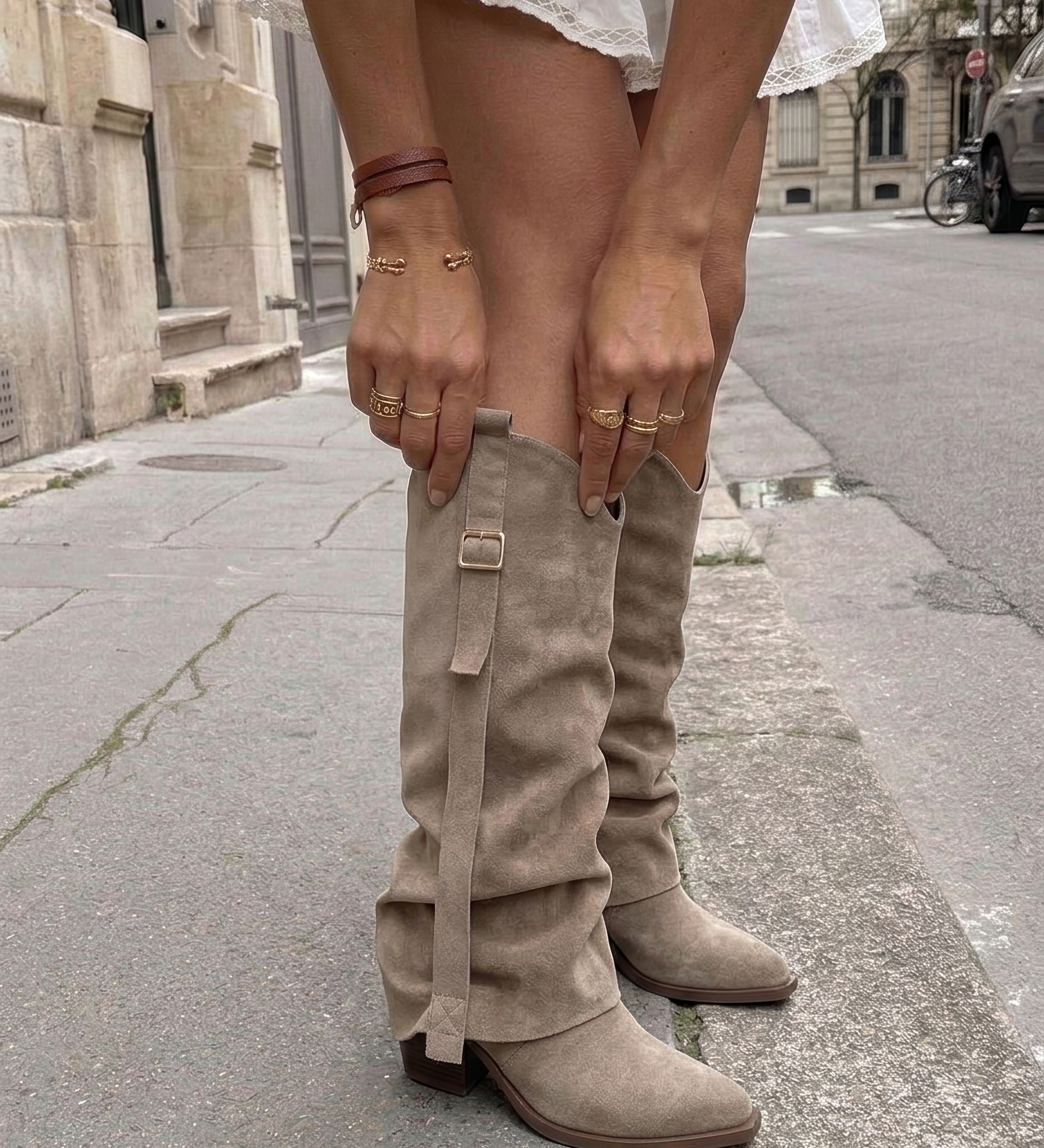Gretel | Khaki női csizma velúr hatású felülettel