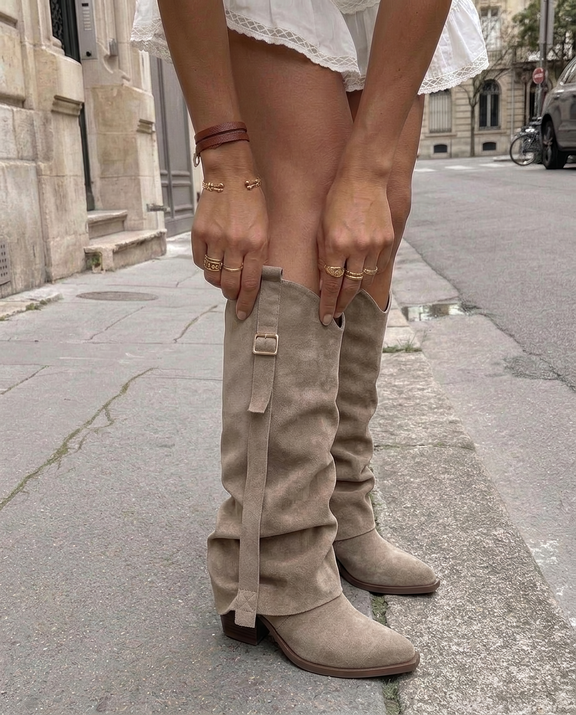 Gretel | Khaki női csizma velúr hatású felülettel