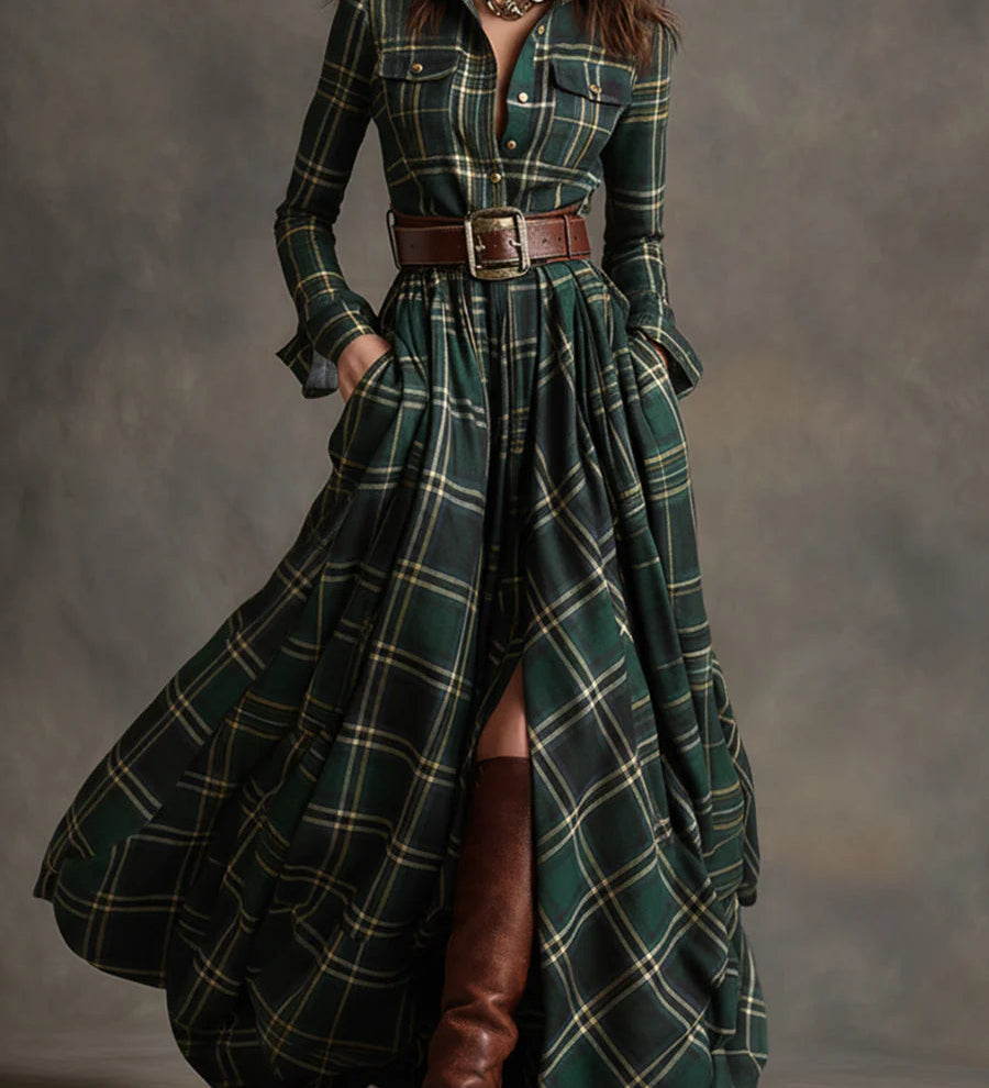 Highland Muse™ | Vintage Kockás Maxi Ruha