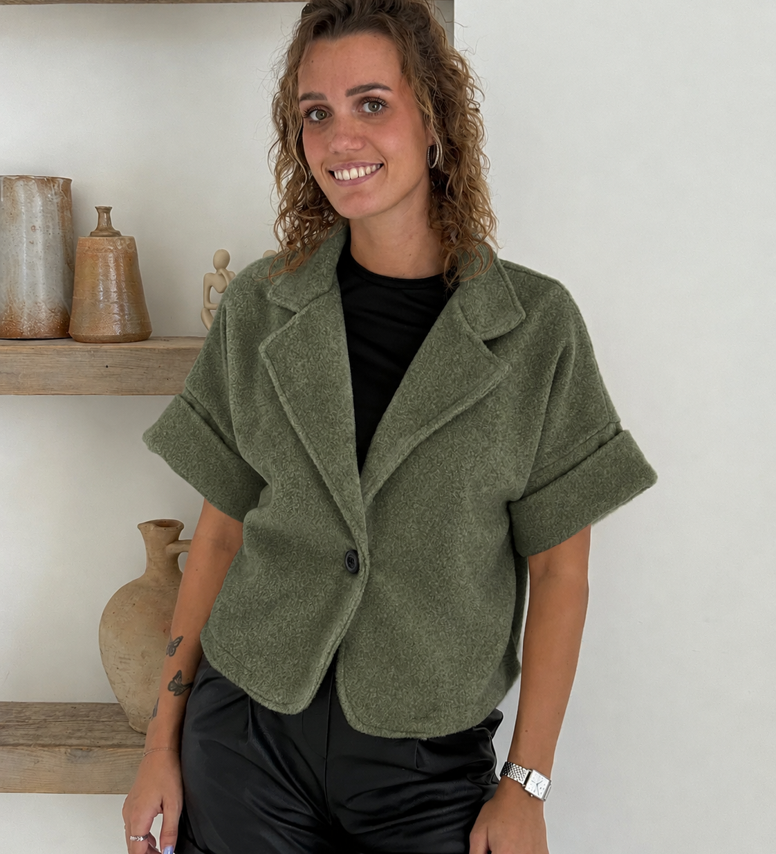 Cropped Teddy Blazer – katonai zöld