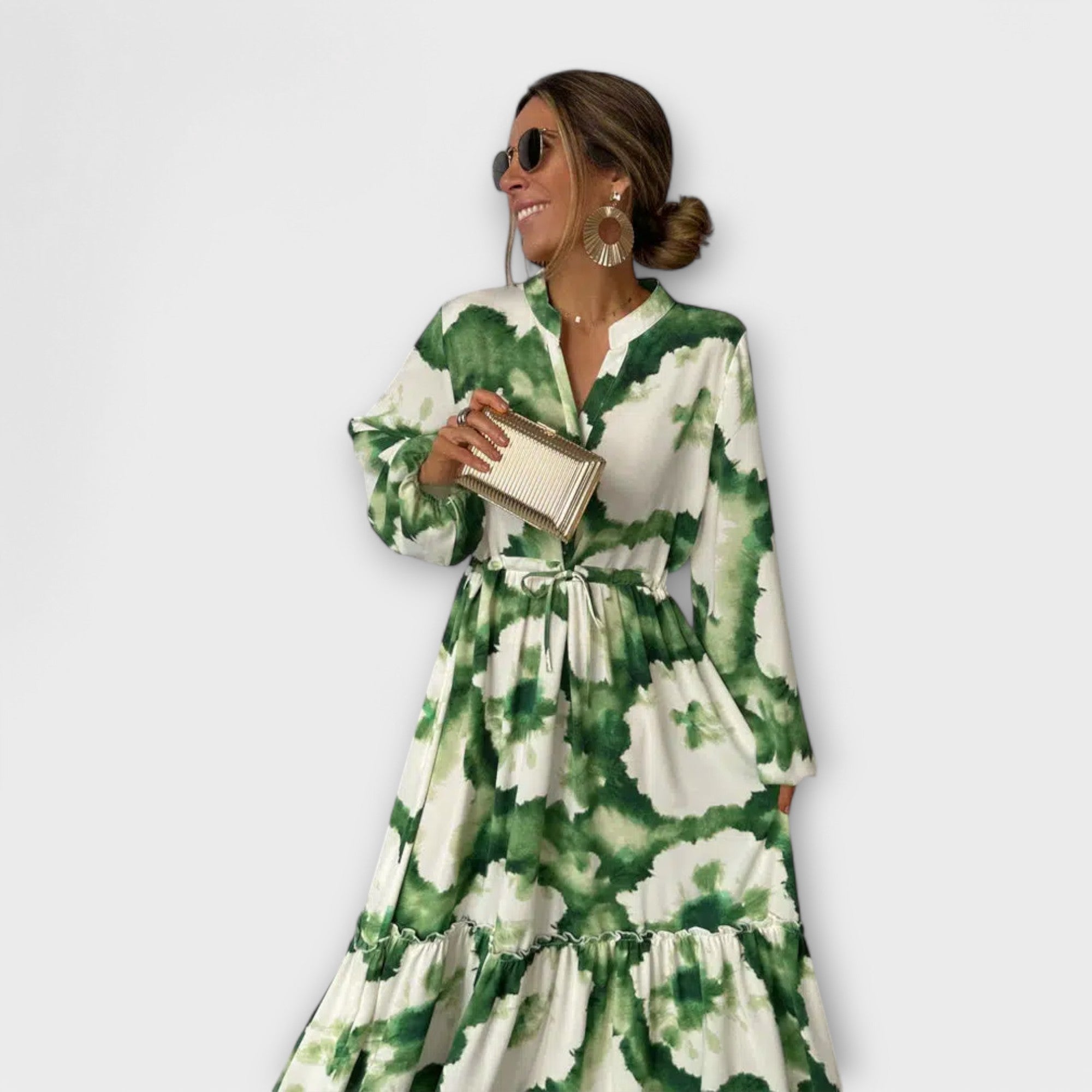 Melina - Zöld Maxi Ruha Hosszú Ujjakkal és V-nyakkal