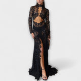 Azalea - Éjféli Elegancia Átlátszó Kivágott Hosszú Ujjú Stretch Maxi Ruha