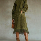 Aurelia Fringe™ | Vintage Suede Magasnyakú Midi Ruha
