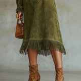 Aurelia Fringe™ | Vintage Suede Magasnyakú Midi Ruha