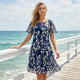 🌸 MOST 50% KEDVEZMÉNY! ✨ Női virágos A-vonalú parti ruha – dupla rétegű chiffon, elegáns mintázat és térd fölé érő fazon 👗