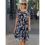 🌸 MOST 50% KEDVEZMÉNY! ✨ Női virágos A-vonalú parti ruha – dupla rétegű chiffon, elegáns mintázat és térd fölé érő fazon 👗
